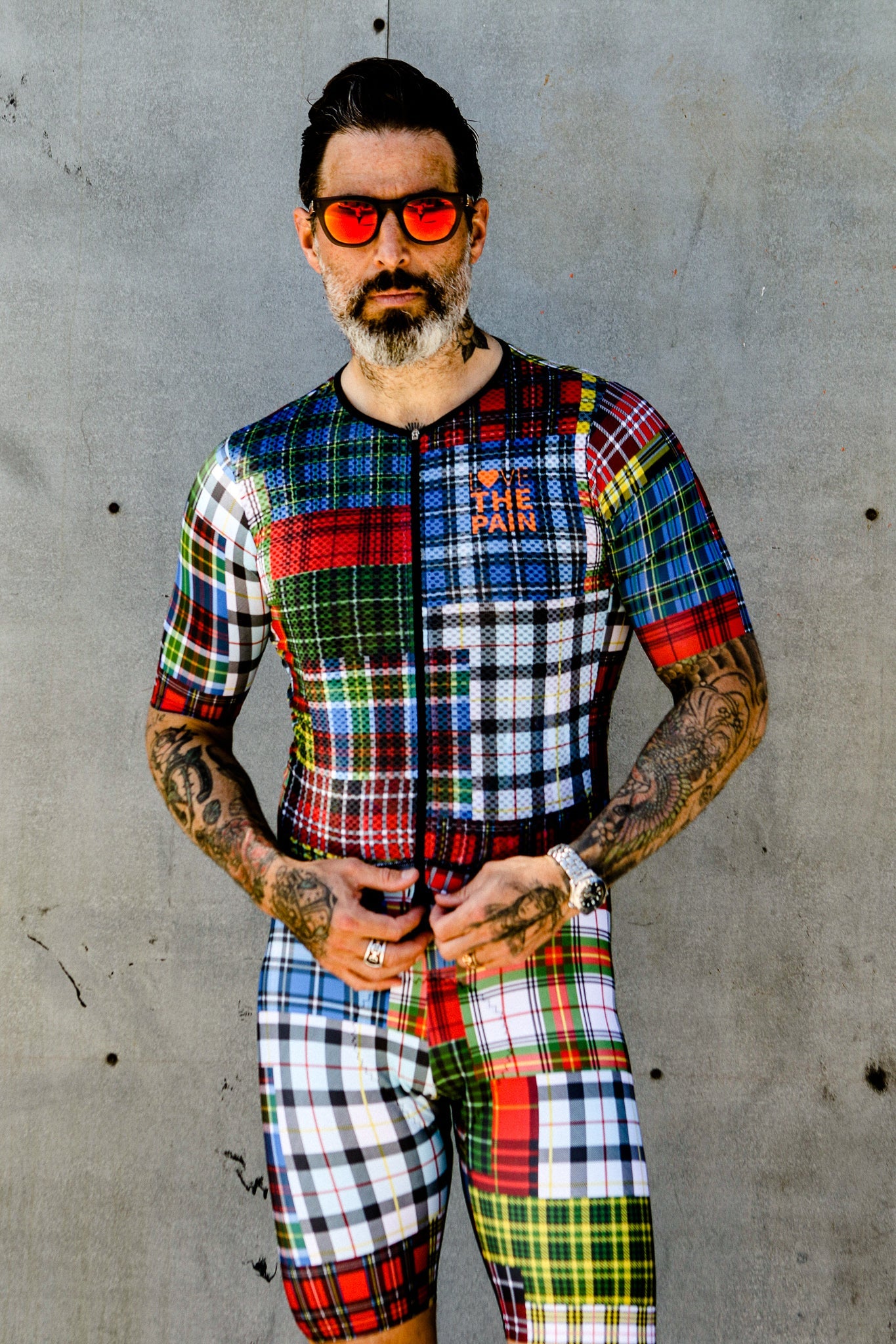 Two-Piece Cycling Jersey Set with Color Patchwork Check