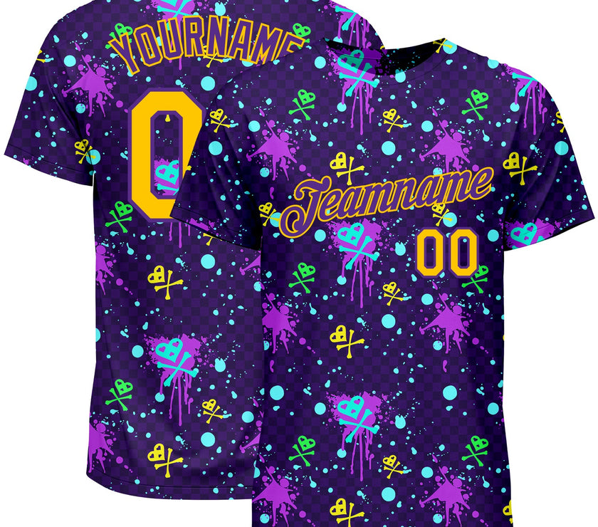 Custom Graffiti Pattern Gold-Purple 3D Clashing Colors Paint-Splatter Performance T-Shirt