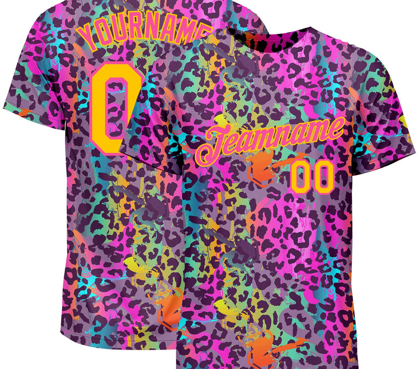 Custom Graffiti Pattern Gold-Pink 3D Colorful Leopard Performance T-Shirt