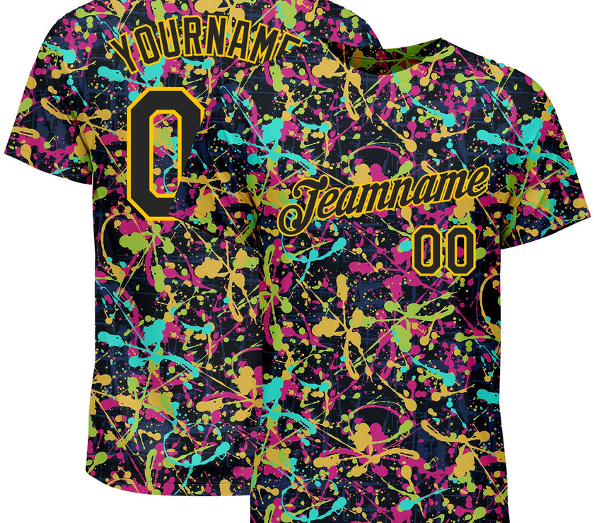 Custom Graffiti Pattern Black-Gold 3D Grunge Shabby Performance T-Shirt