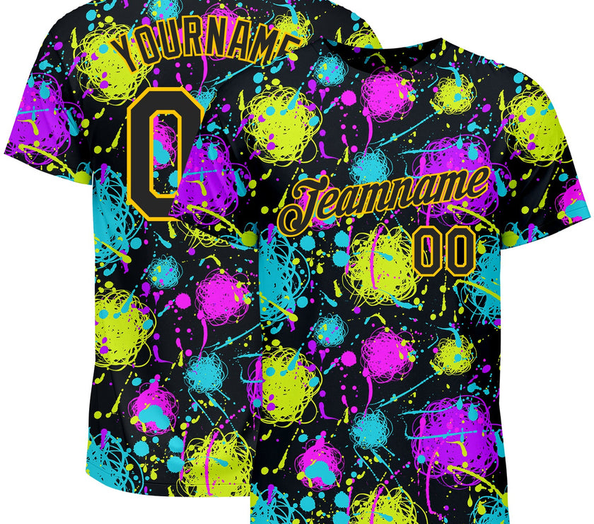 Custom Graffiti Pattern Black-Gold 3D Neon Splatter Performance T-Shirt
