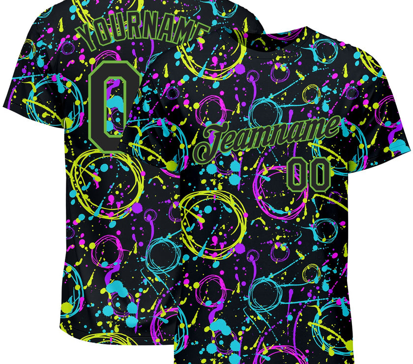 Custom Graffiti Pattern Black-Neon Green 3D Neon Splatter Performance T-Shirt