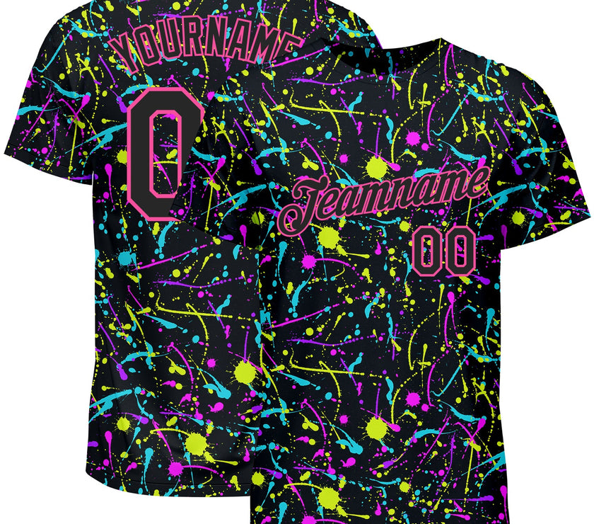 Custom Graffiti Pattern Black-Pink 3D Neon Splatter Performance T-Shirt