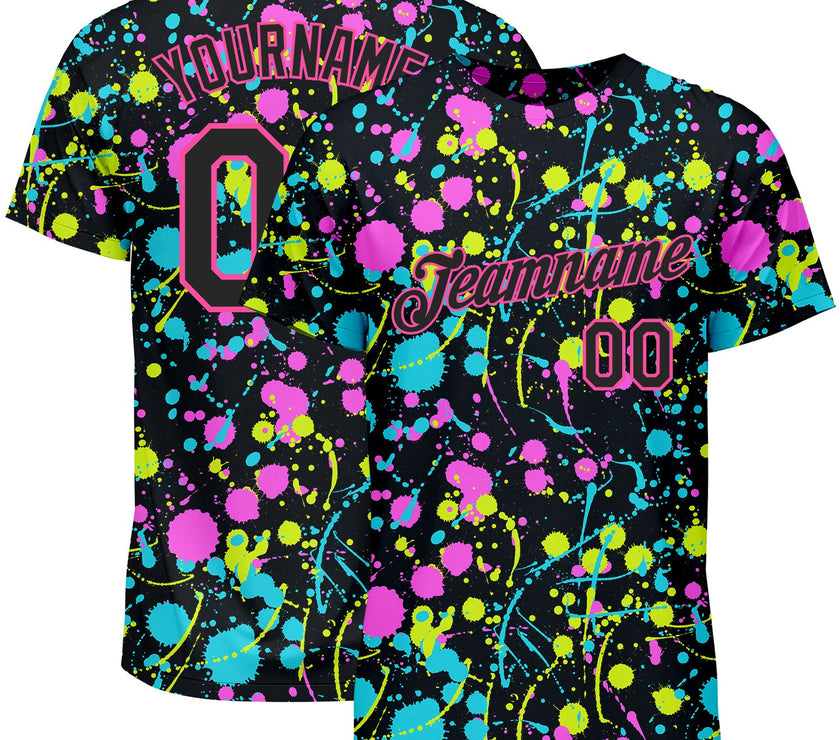 Custom Graffiti Pattern Black-Pink 3D Neon Splatter Performance T-Shirt