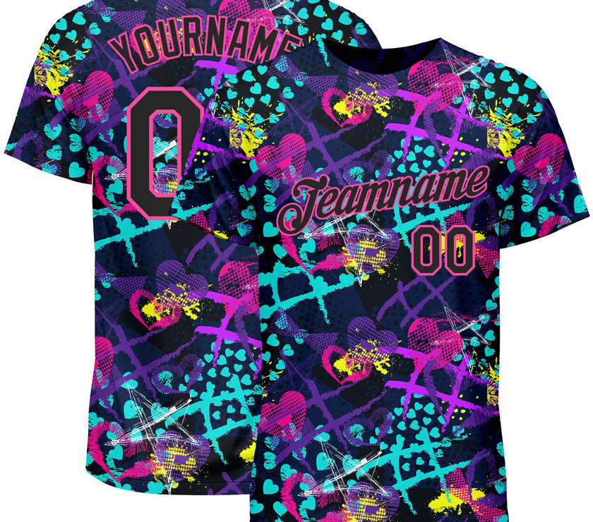 Custom Graffiti Pattern Black-Pink 3D Creative Hearts Stars Geometric Figures Performance T-Shirt