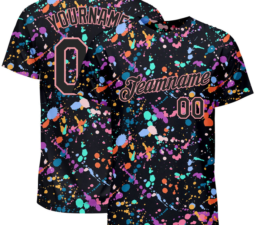Custom Graffiti Pattern Black-Pink 3D Expressive Splatter Performance T-Shirt