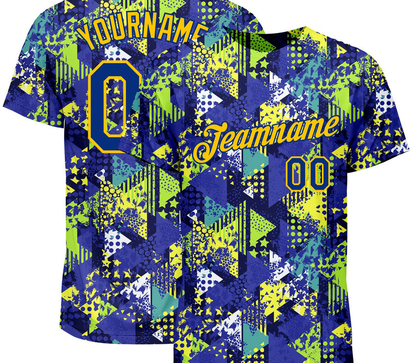 Custom Graffiti Pattern Royal-Gold 3D Creative Geometric Figures Triangle And Dots Performance T-Shirt