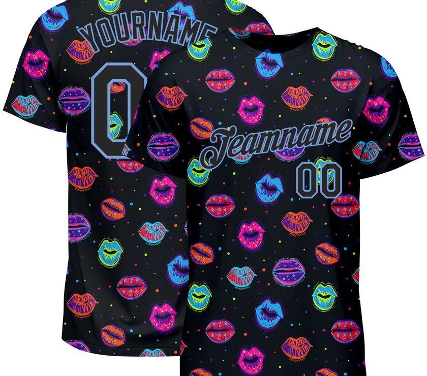 Custom Graffiti Pattern Black-Light Blue 3D Dots And Kiss Lips Performance T-Shirt