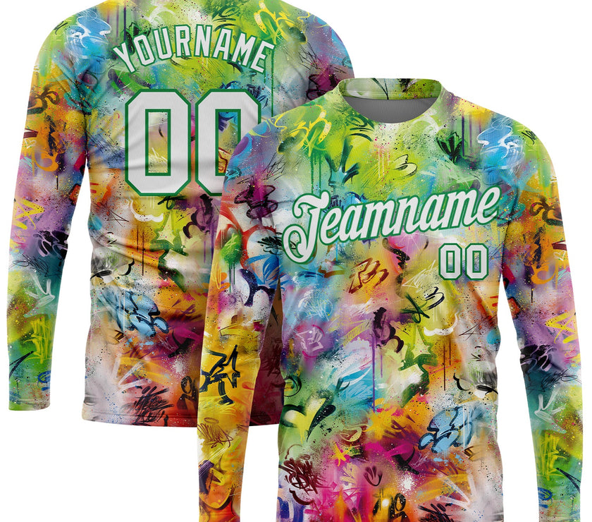 Custom Graffiti Pattern White-Kelly Green Scratch 3D Long Sleeve Performance T-Shirt