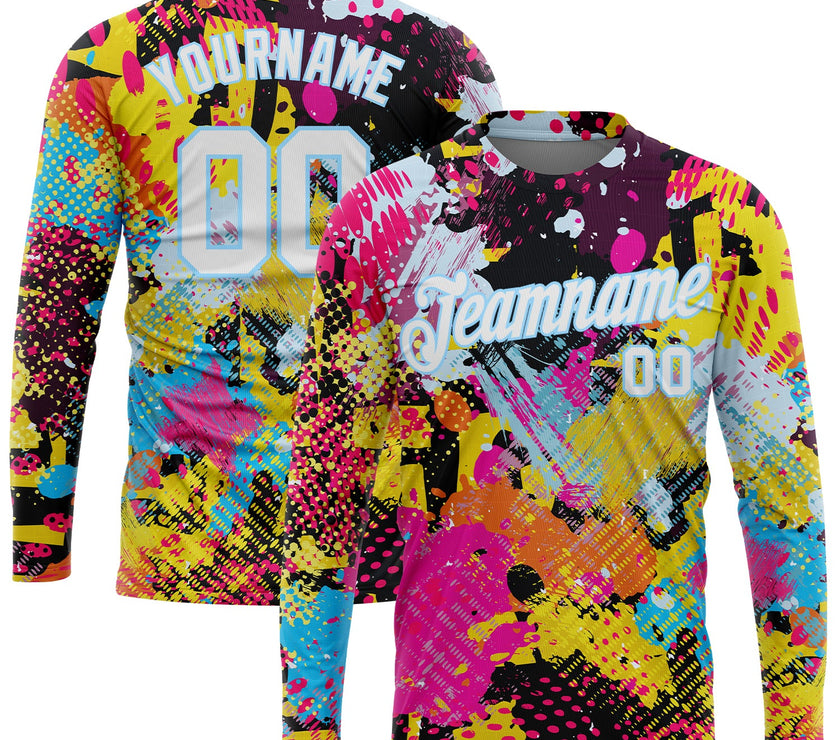 Custom Graffiti Pattern White-Light Blue Bright Psychedelic 3D Long Sleeve Performance T-Shirt