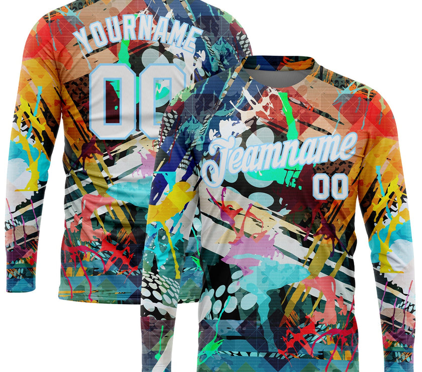 Custom Graffiti Pattern White-Light Blue Colored Abstract 3D Long Sleeve Performance T-Shirt