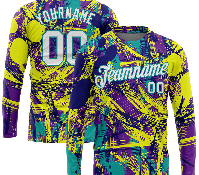 Custom Graffiti Pattern White-Aqua Abstract Urban 3D Long Sleeve Performance T-Shirt