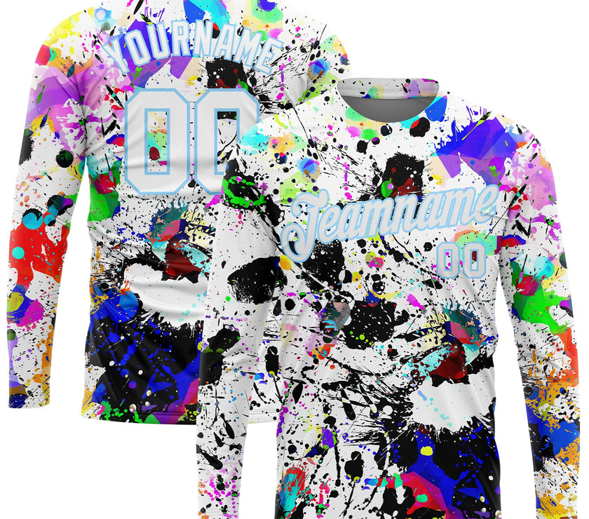 Custom Graffiti Pattern White-Light Blue Splashes 3D Long Sleeve Performance T-Shirt