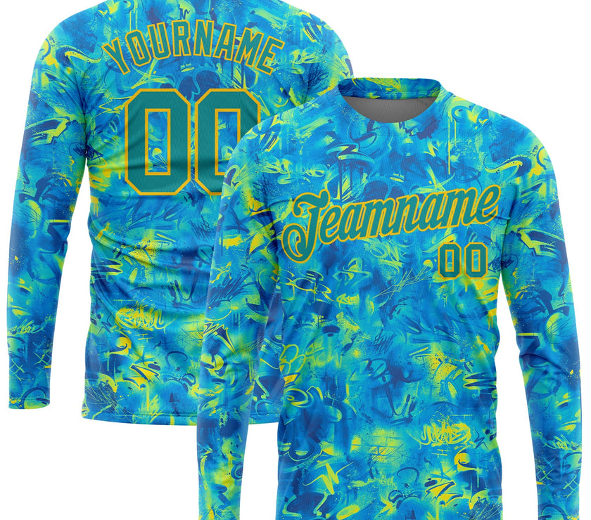 Custom Graffiti Pattern White-Light Blue Scratch 3D Long Sleeve Performance T-Shirt