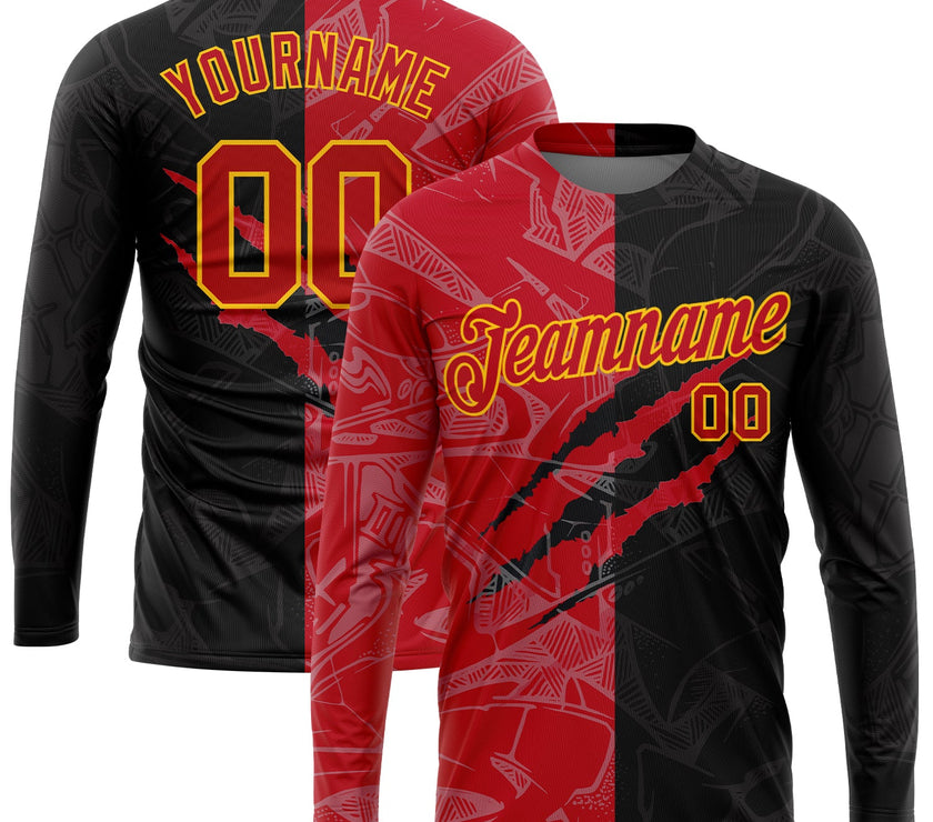 Custom Graffiti Pattern Red-Gold Scratch 3D Long Sleeve Performance T-Shirt