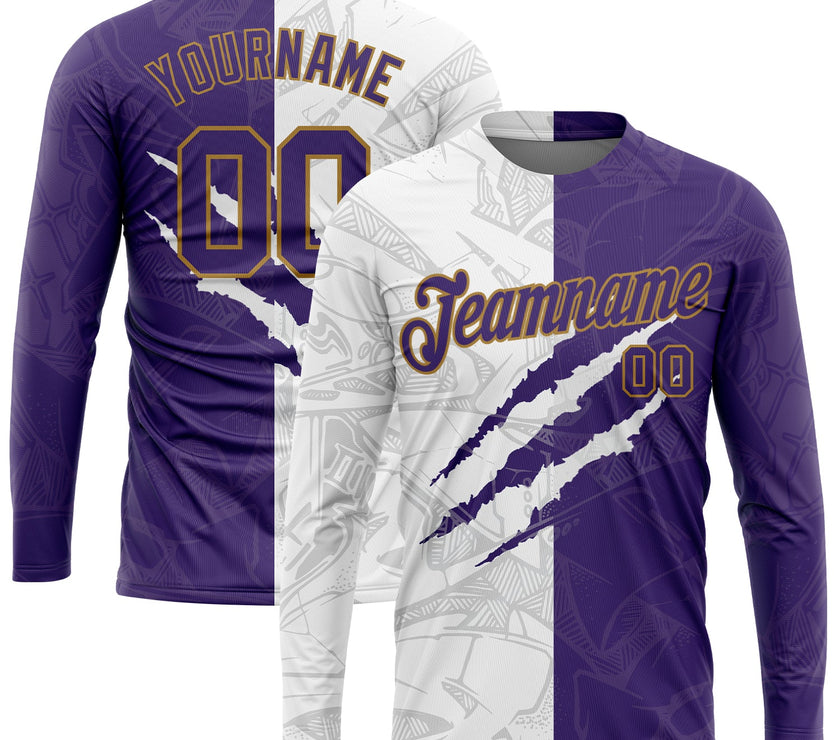 Custom Graffiti Pattern Purple-Old Gold Scratch 3D Long Sleeve Performance T-Shirt