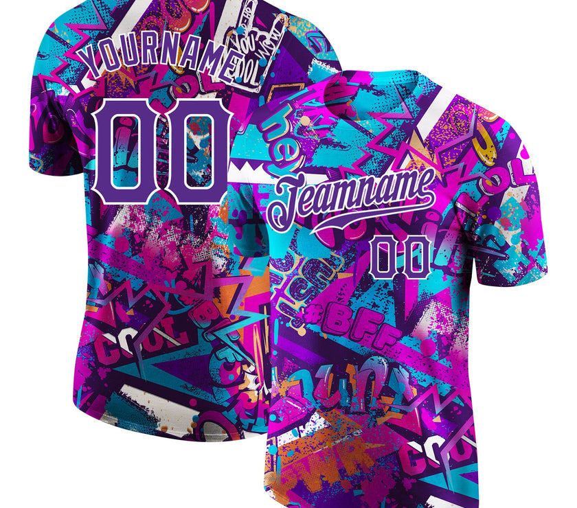 Custom Graffiti Pattern Purple-White 3D Performance T-Shirt