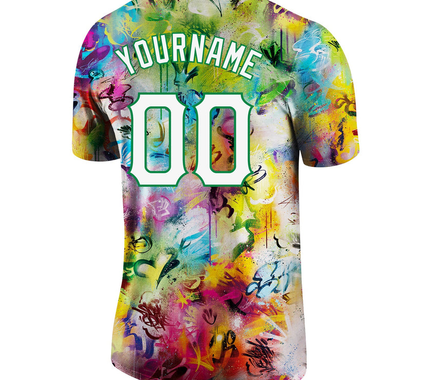 Custom Graffiti Pattern White-Kelly Green 3D Performance T-Shirt