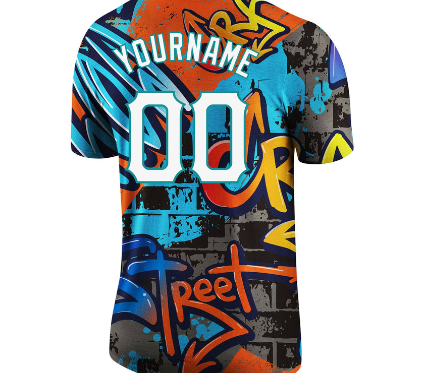 Custom Graffiti Pattern White-Aqua 3D Performance T-Shirt