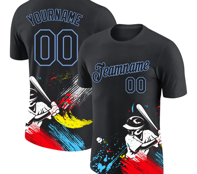 Custom Graffiti Pattern Black-Light Blue 3D Performance T-Shirt