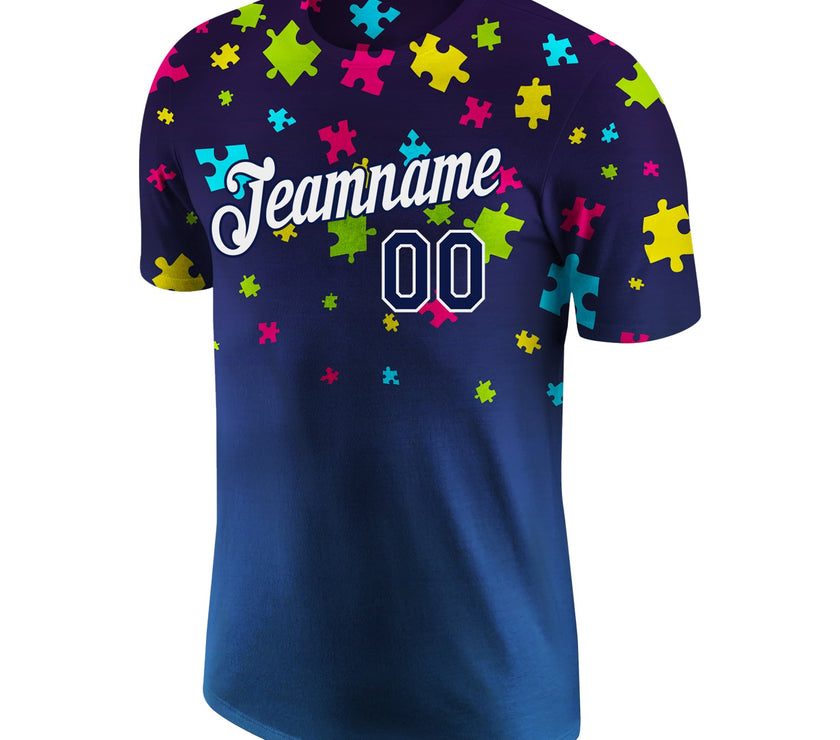 Custom Autism Awareness Puzzle Pieces Navy-White 3D Performance T-Shirt