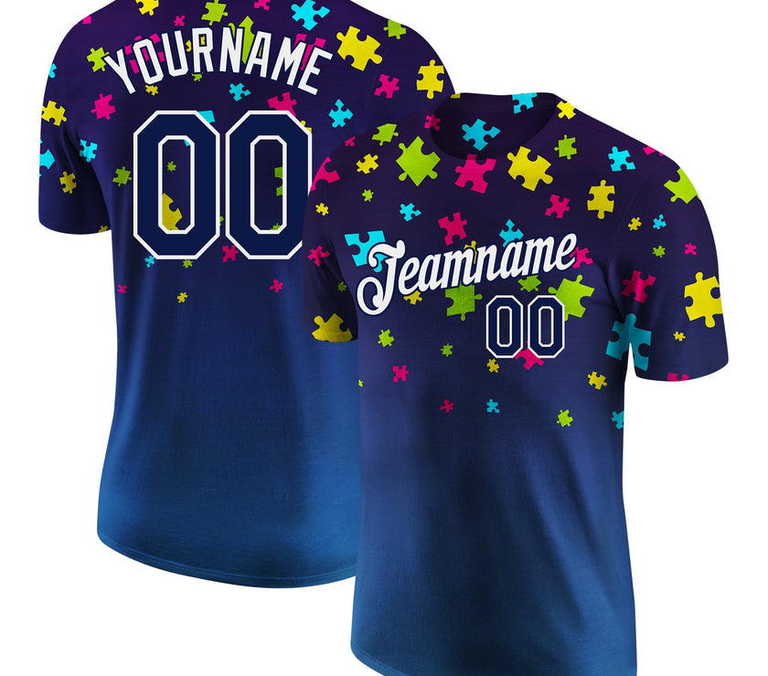 Custom Autism Awareness Puzzle Pieces Navy-White 3D Performance T-Shirt