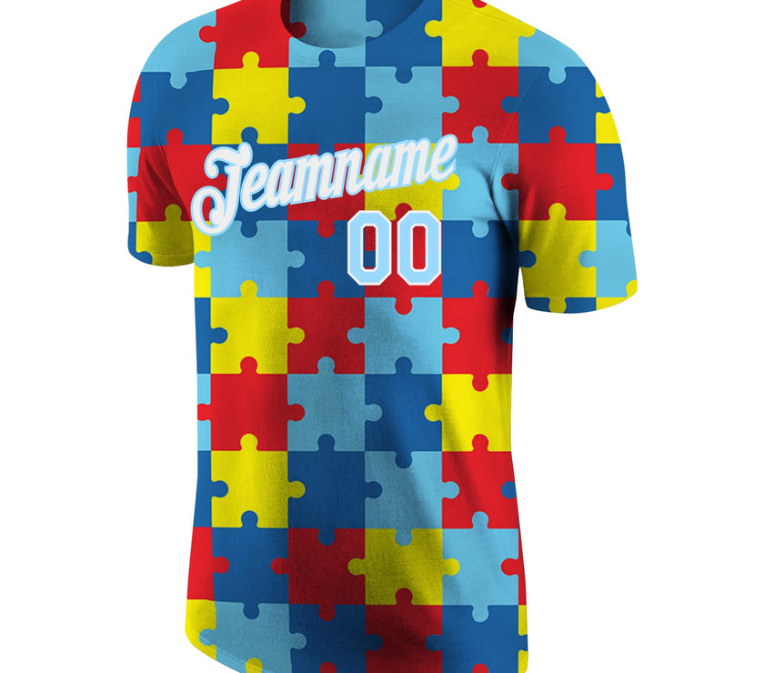 Custom Autism Awareness Puzzle Pieces Light Blue-White 3D Performance T-Shirt