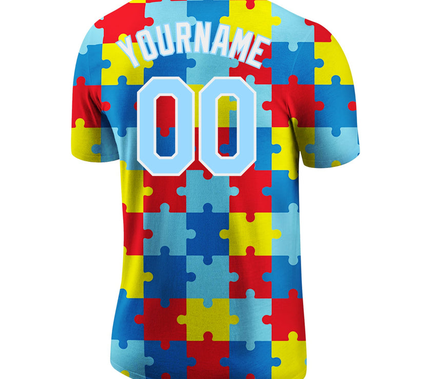Custom Autism Awareness Puzzle Pieces Light Blue-White 3D Performance T-Shirt