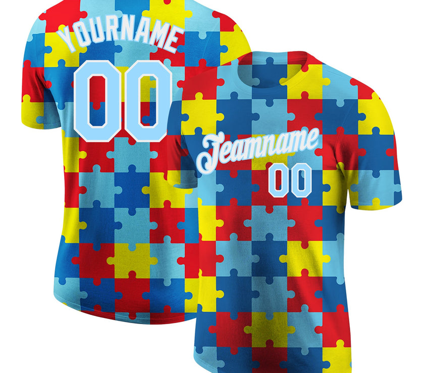 Custom Autism Awareness Puzzle Pieces Light Blue-White 3D Performance T-Shirt