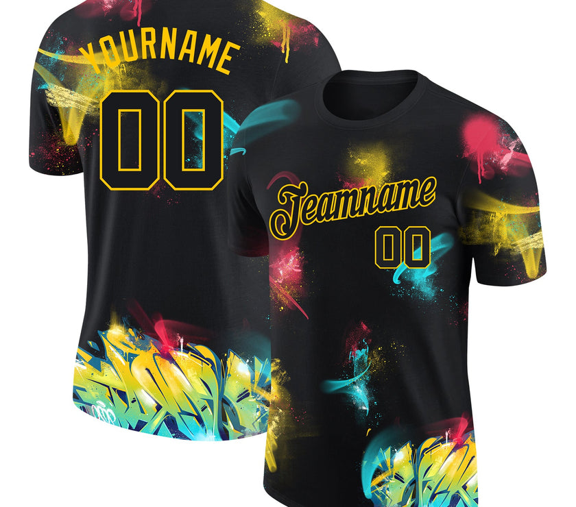 Custom Graffiti Pattern Black-Gold 3D Performance T-Shirt