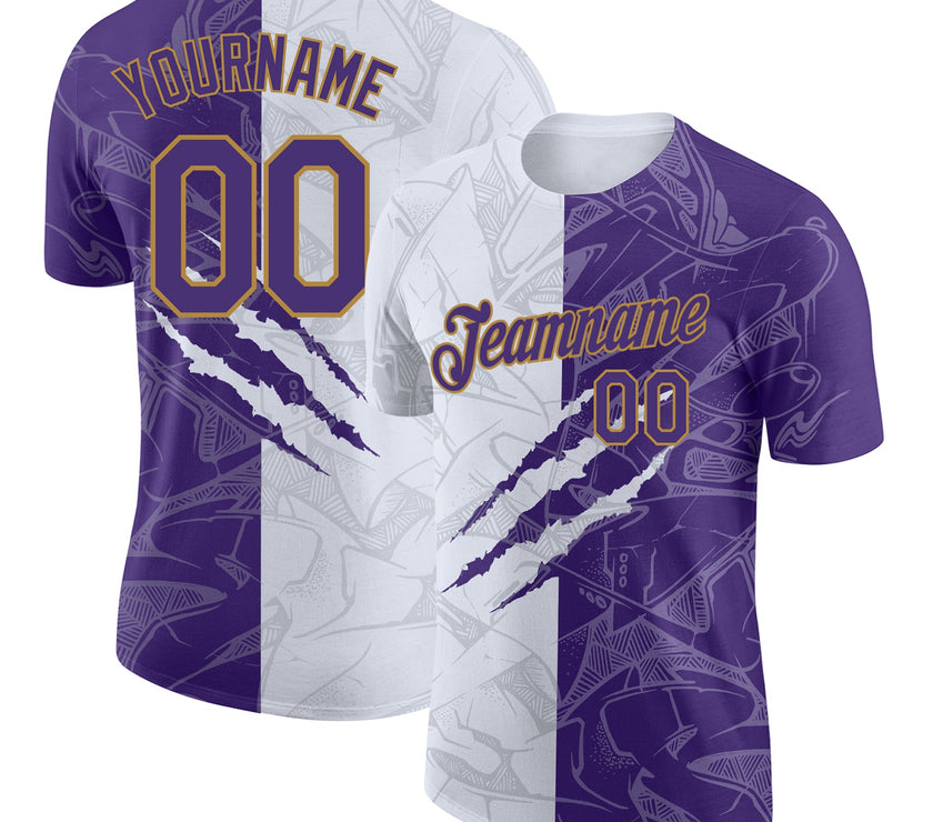 Custom Graffiti Pattern Purple-Old Gold 3D Performance T-Shirt