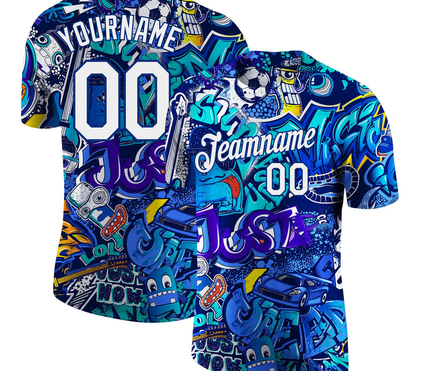 Custom Graffiti Pattern White-Royal 3D Performance T-Shirt