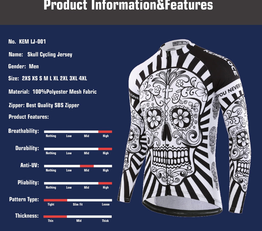 KEMALOCE Autumn Pro Long Sleeve Cycling Jersey Skull