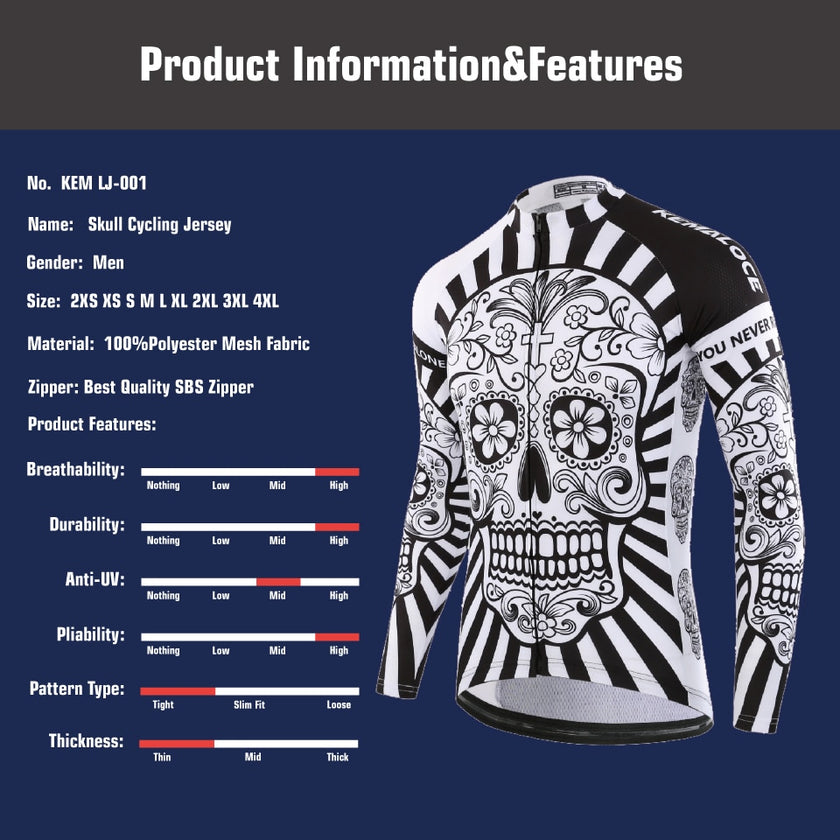 KEMALOCE Autumn Pro Long Sleeve Cycling Jersey Skull